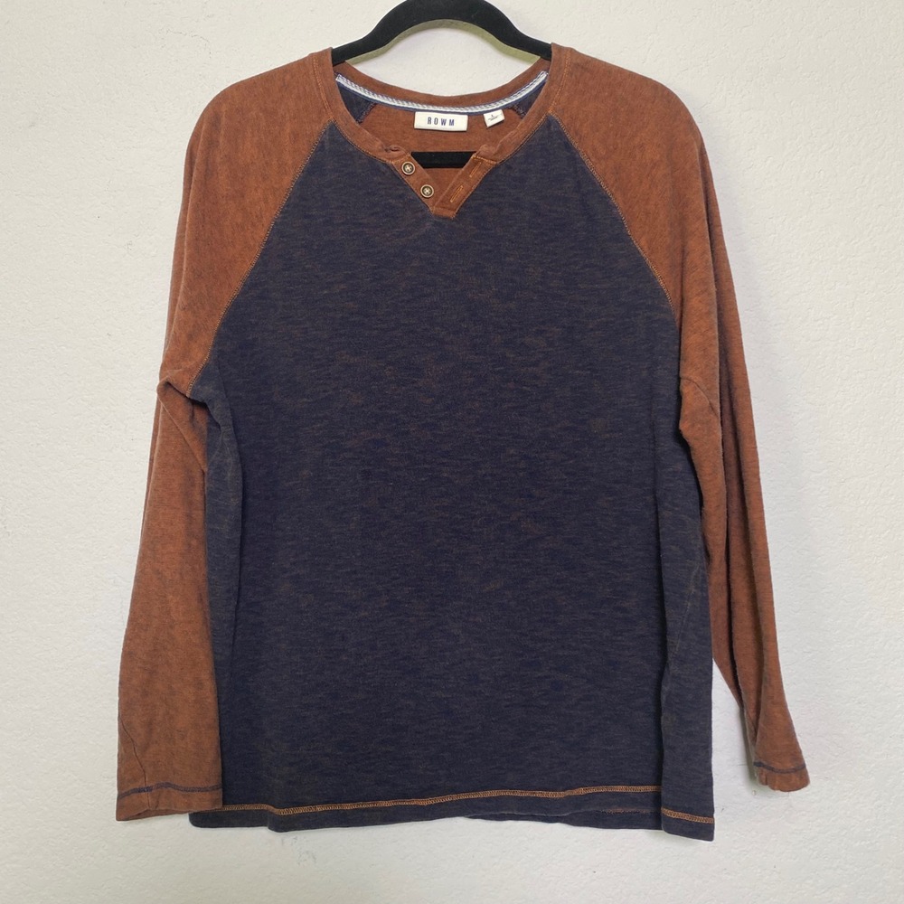 ROWM Color Block Henley Mens Large Raglan Long Sleeve Casual Outdoor Relaxed Rug